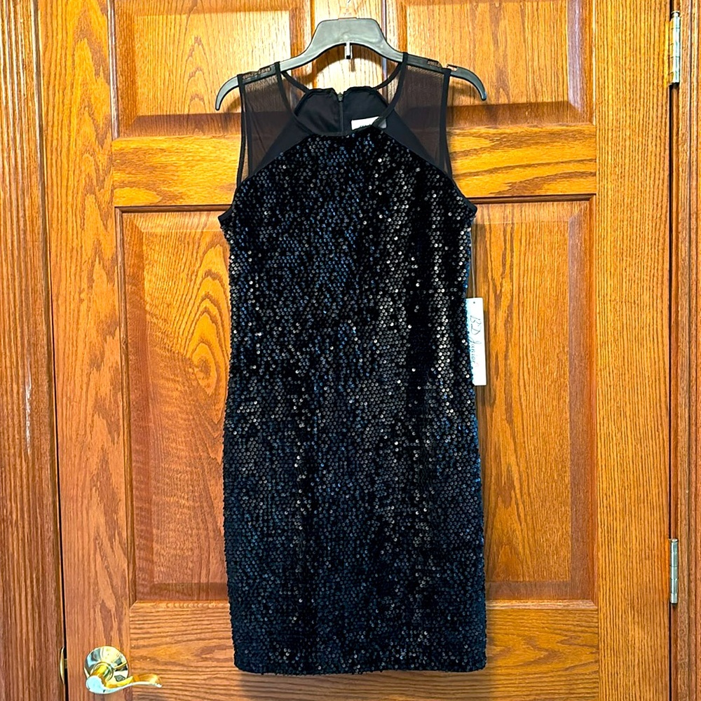 Juniors formal black midi dress with sequins, size 2. NWT